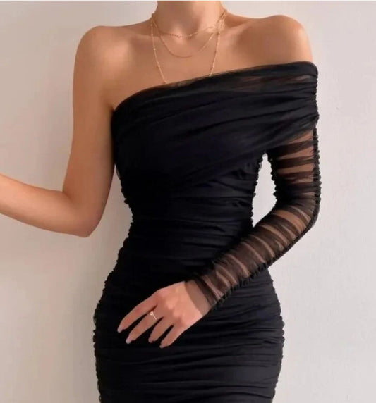 Ruched Mesh Black Bodycon Dress