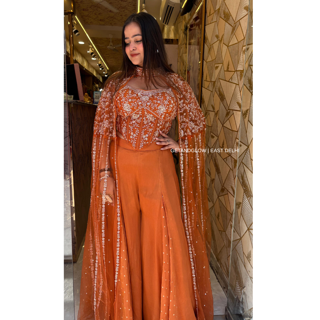 "SAANVI" - 3 PIECE CORSET DESIGNER OUTFIT- RUST ORANGE