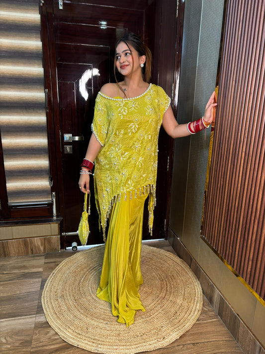 Rose Pearl Yellow Dhoti dress with potli