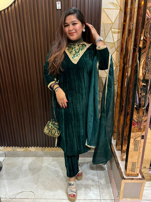 Samya Designer green  velvet suit with potli