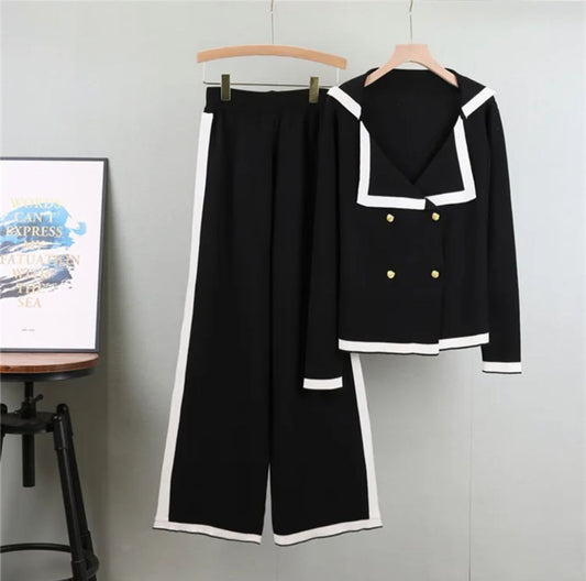 Double-Breasted Contrast Trim Knit Cord Set