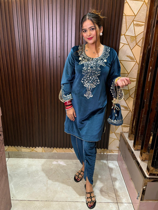 Blue Dhoti set with potli