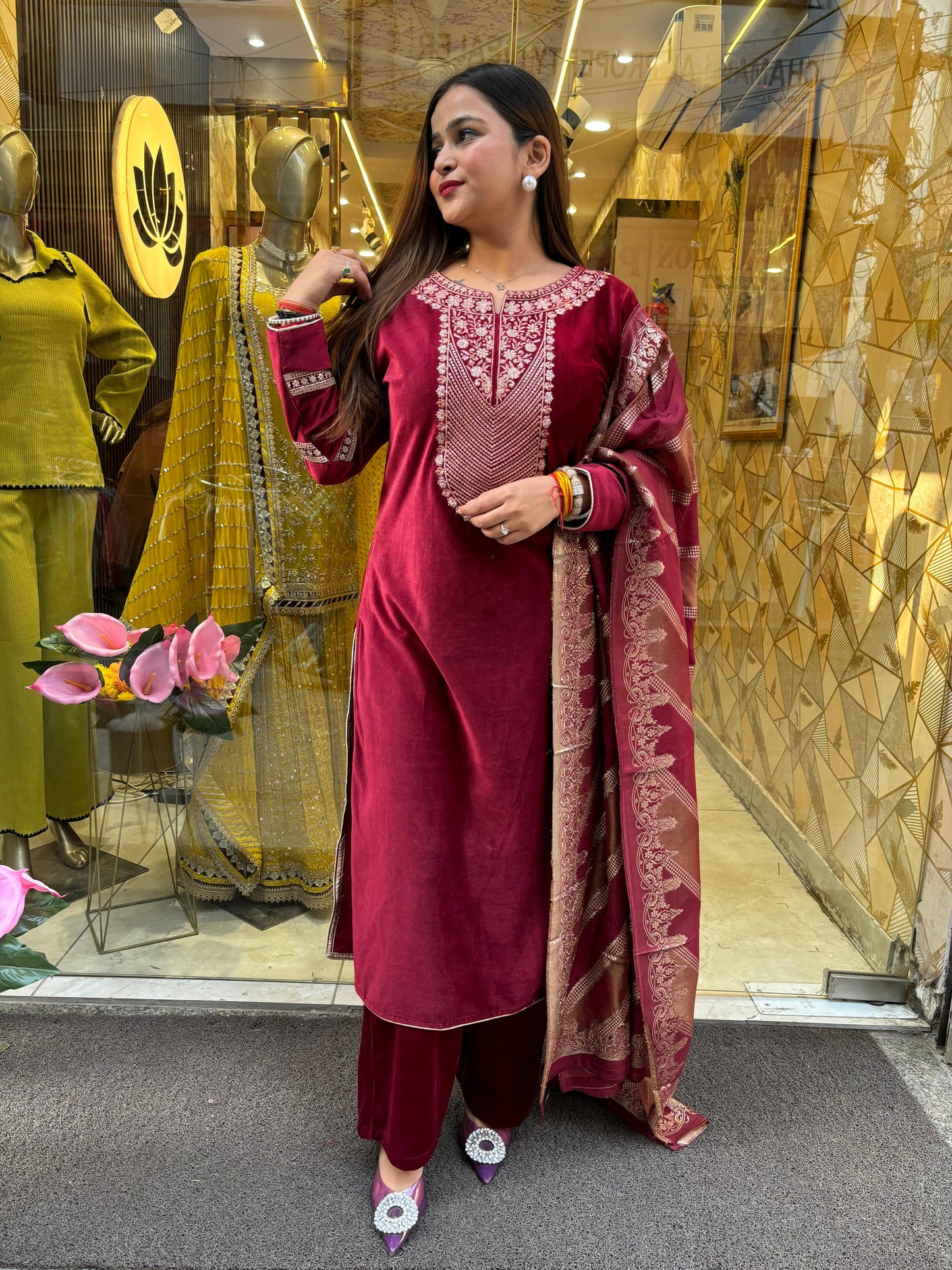 Sanam cherry Velvet 3 piece suit