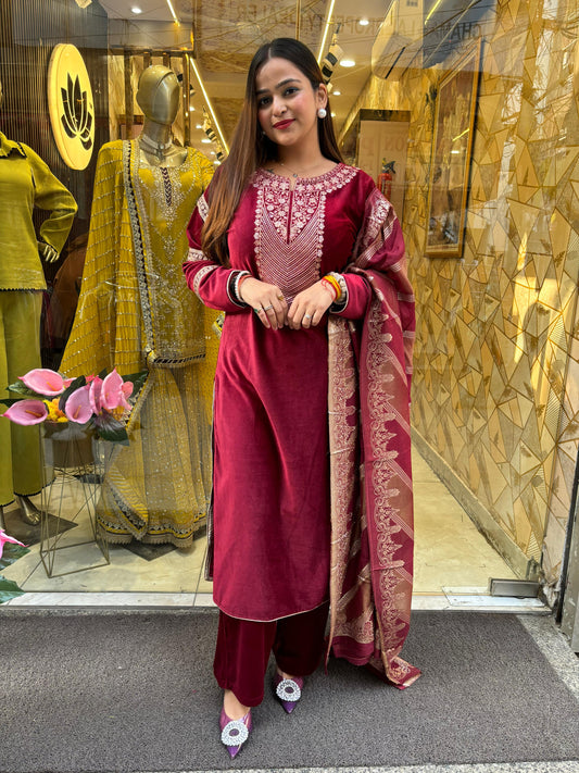 Sanam cherry Velvet 3 piece suit