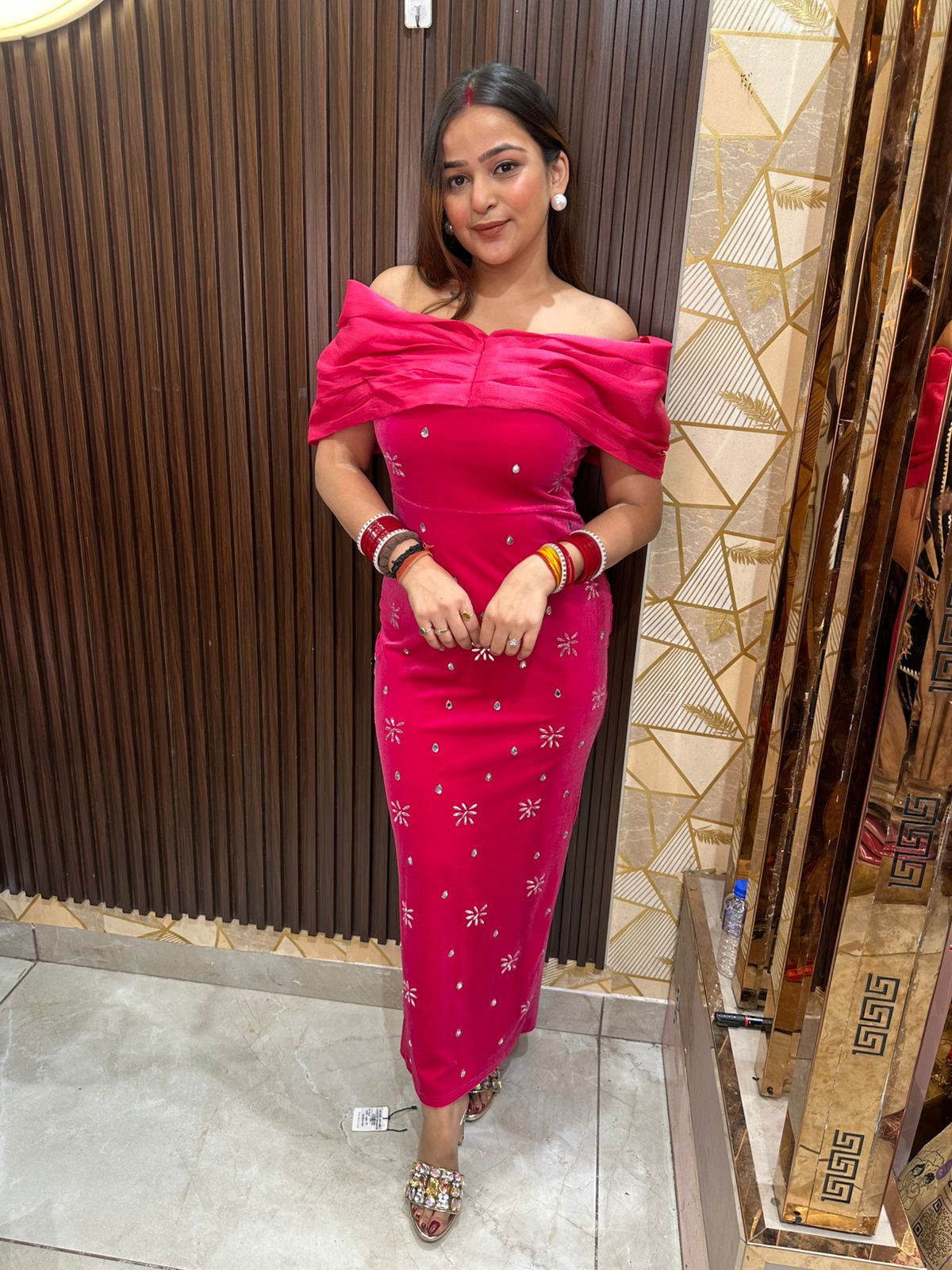 Offshoulder Bow Crystal Dress