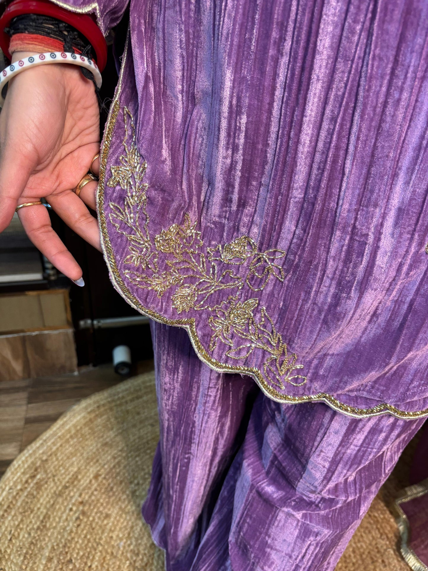 Begum Purple 3 pc velvet suit with Potli