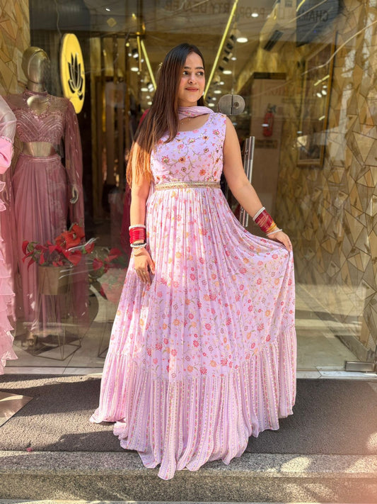 Pink Floral Gown with belt + Dupatta