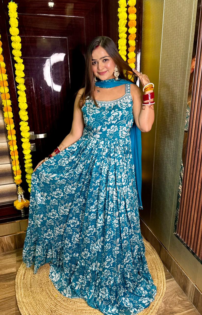 Blue Bella Anarkali with belt