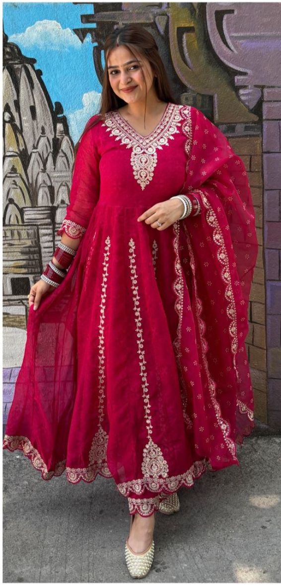 Floral Red Anarkali Suit