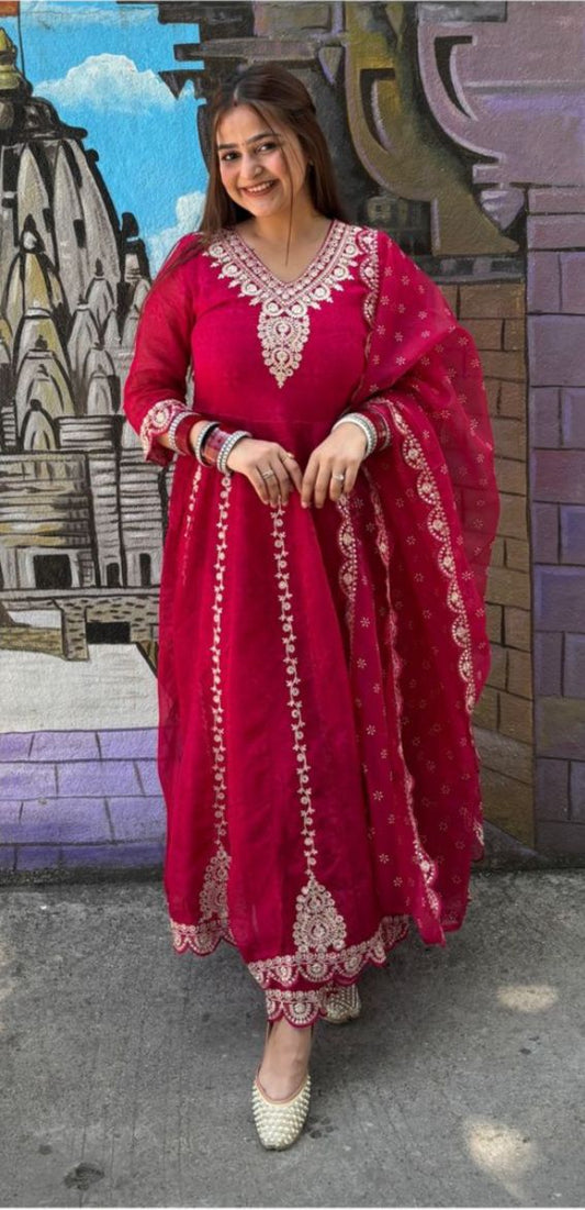 Floral Red Anarkali Suit