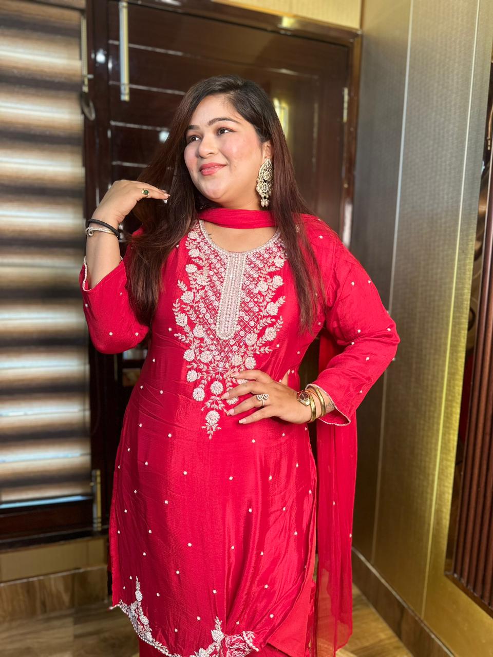 Red Palazo Designer Suit