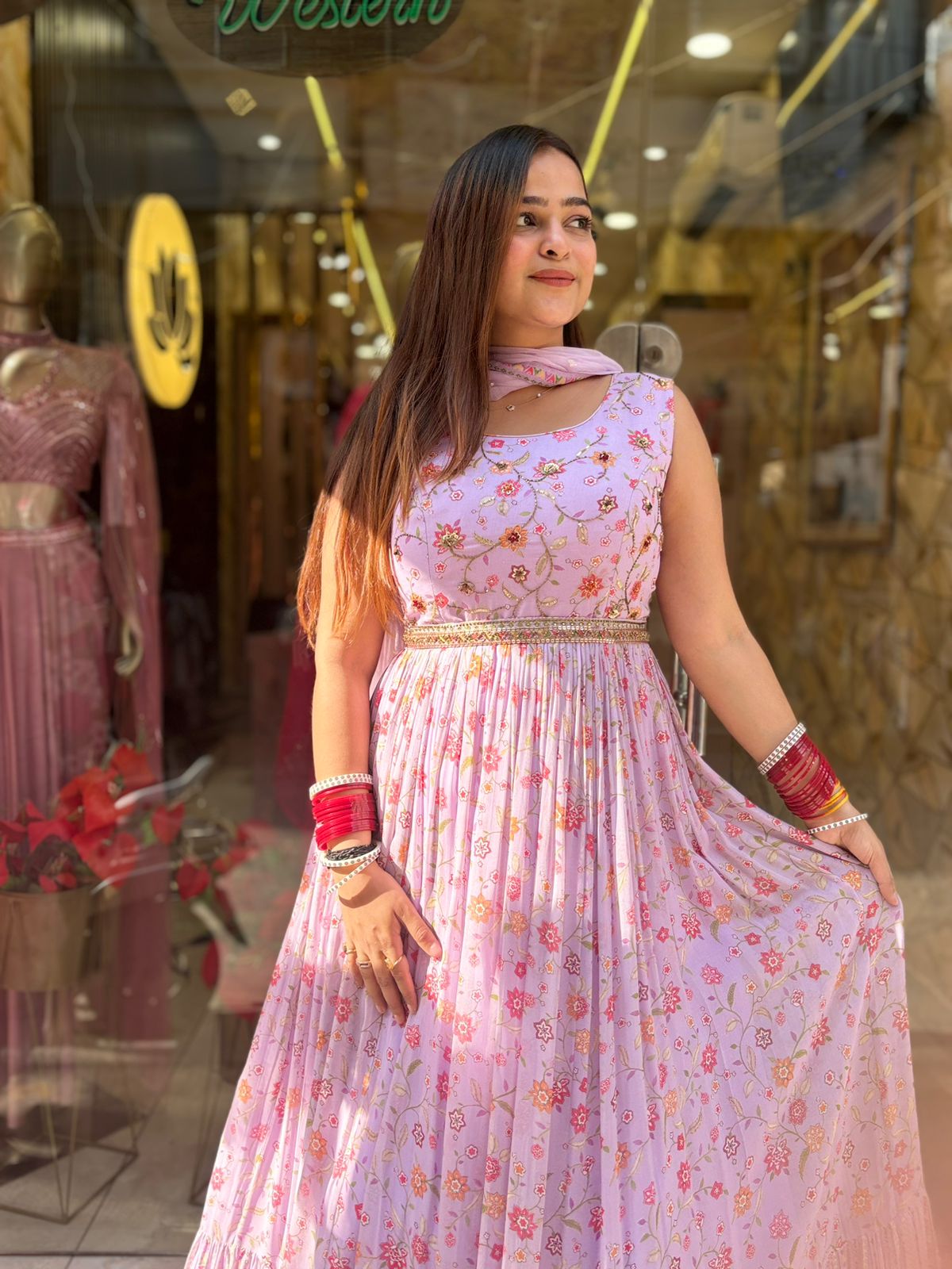 Pink Floral Gown with belt + Dupatta