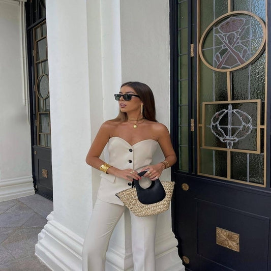 Summer Fashion Strapless Blazer Vest And High Waist Pant Two Piece Set