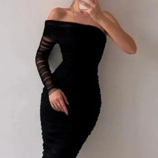 Ruched Mesh Black Bodycon Dress