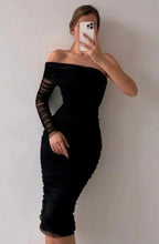 Ruched Mesh Black Bodycon Dress