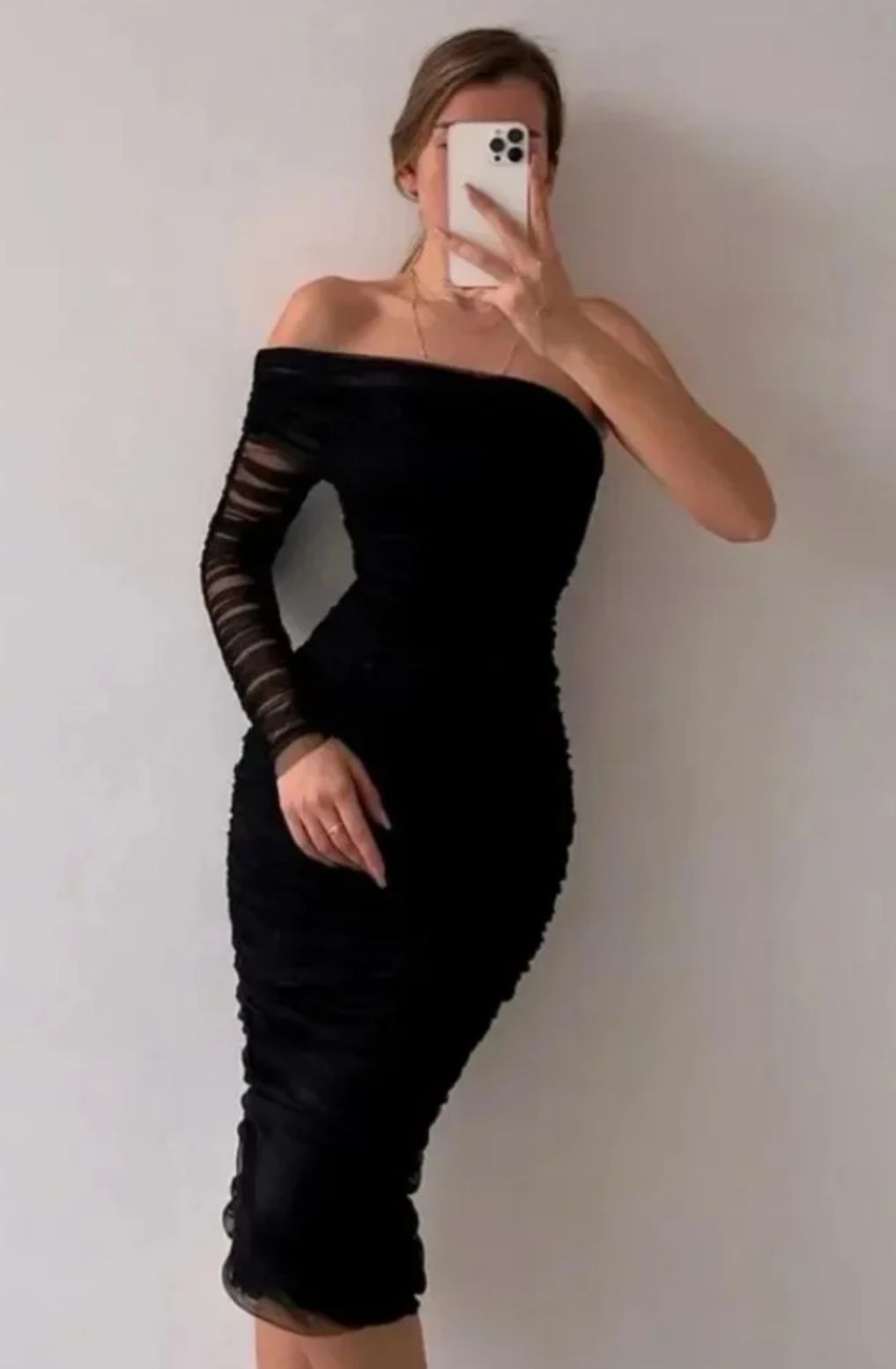 Ruched Mesh Black Bodycon Dress
