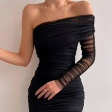 Ruched Mesh Black Bodycon Dress