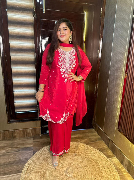 Red Palazo Designer Suit