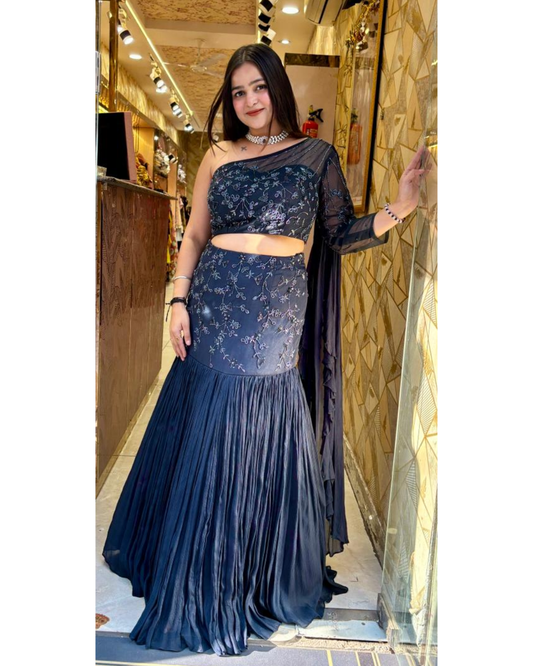 SONA-ONE SIDE SHOULDER FISH CUT LEHENGA