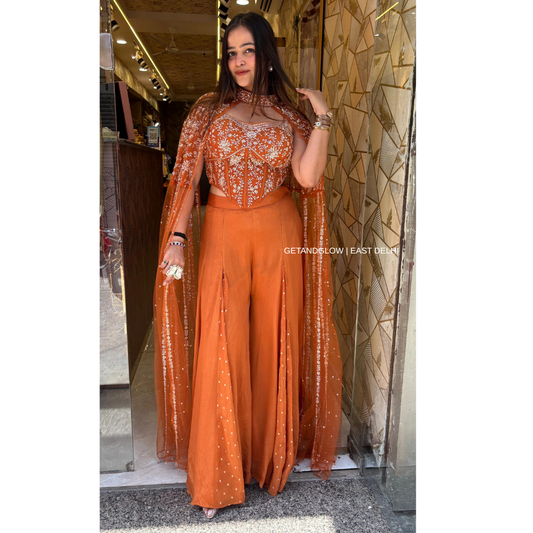 "SAANVI" - 3 PIECE CORSET DESIGNER OUTFIT- RUST ORANGE