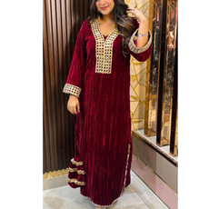 KAREEN -LONG VELVET DRESS WITH POTLI