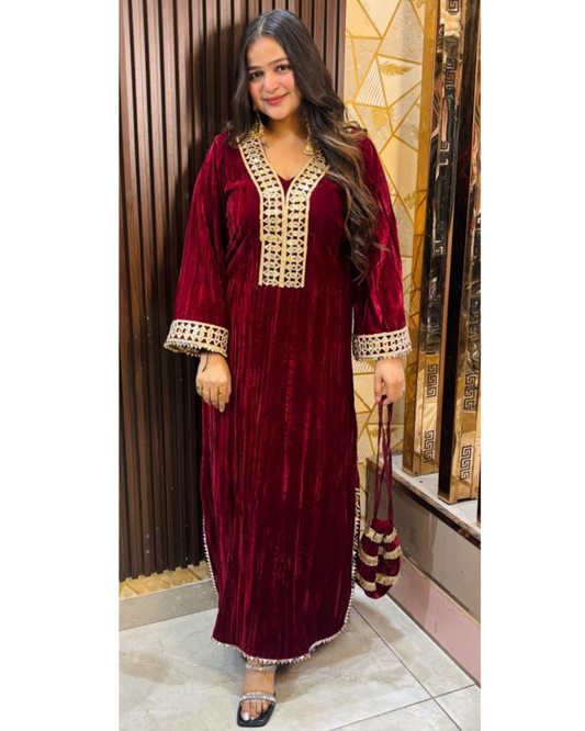 KAREEN -LONG VELVET DRESS WITH POTLI