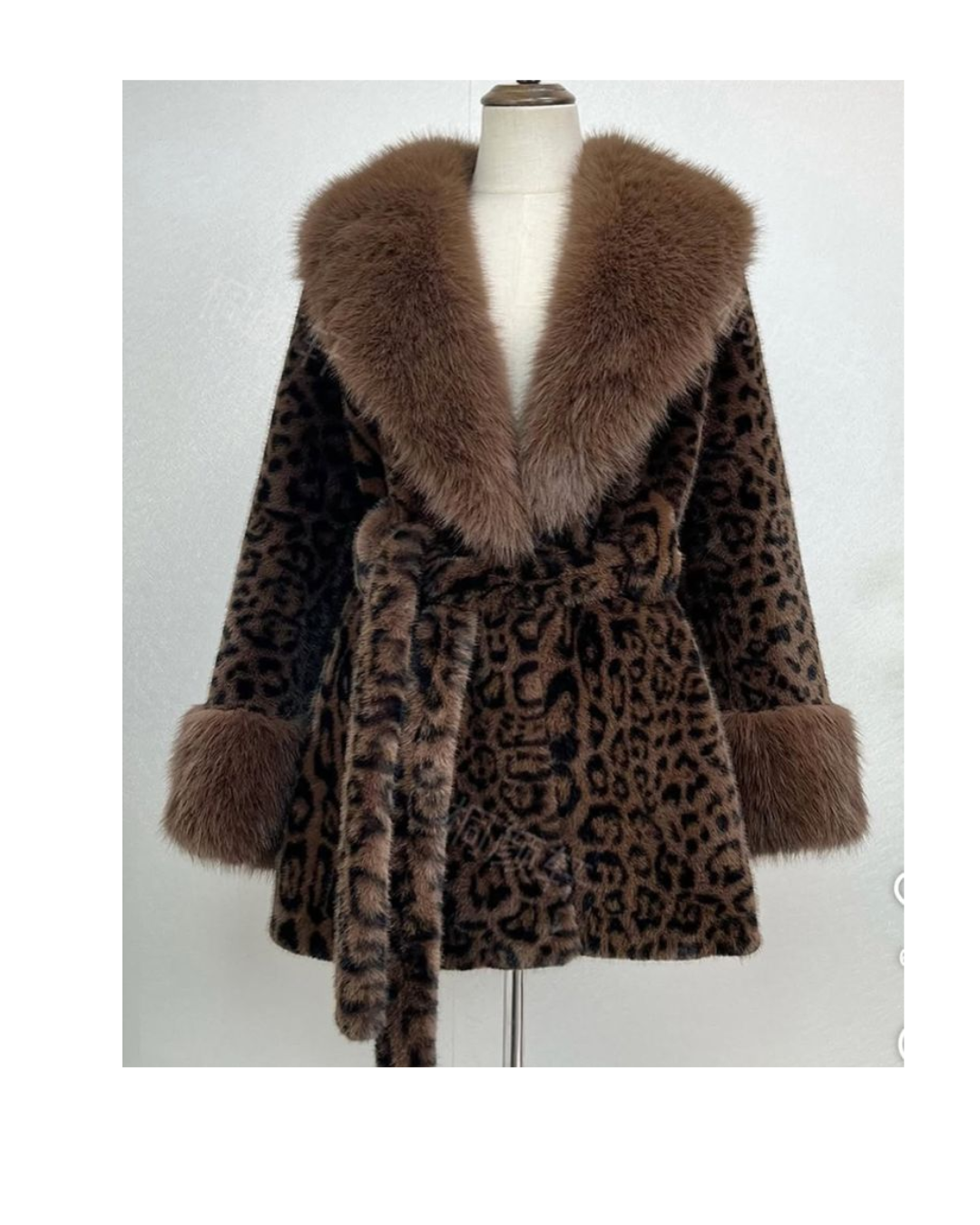 Animal print fur coat with belt