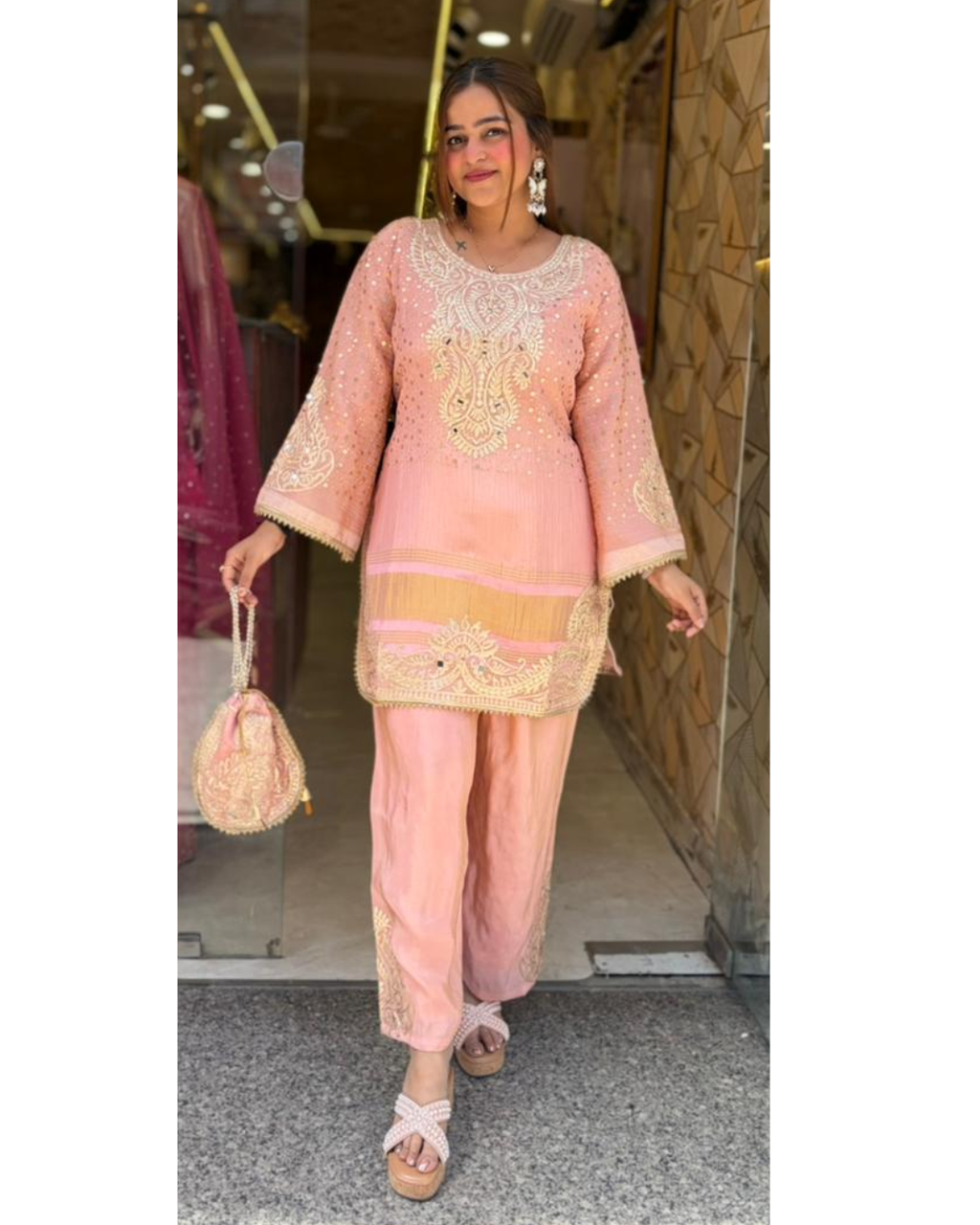 "RADHA"-Premium Embroidered Coord Set with Potli Bag