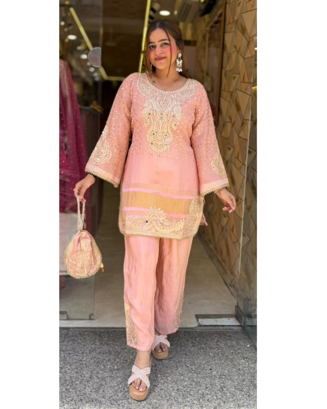 "RADHA"-Premium Embroidered Coord Set with Potli Bag
