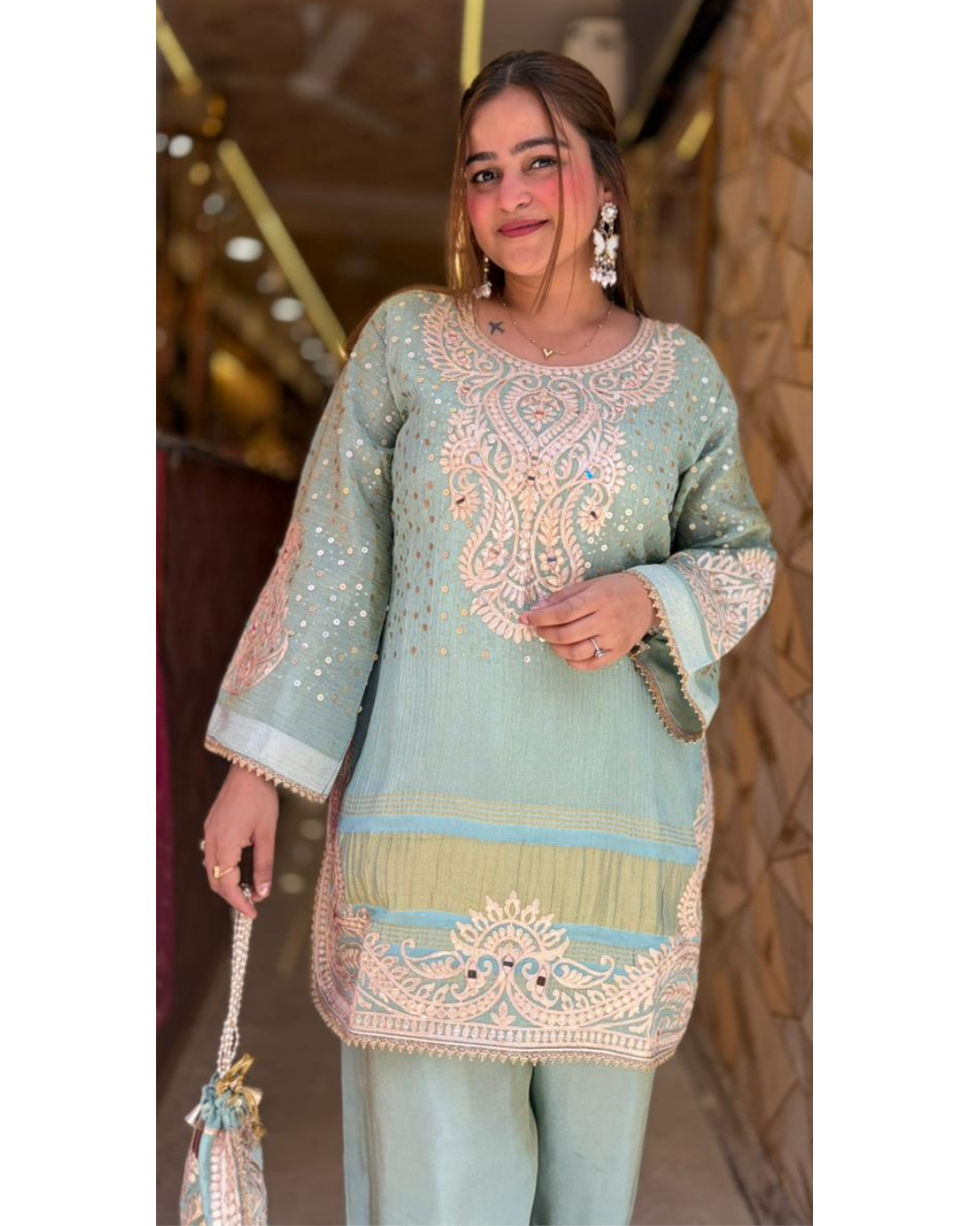 "RADHA"-Premium Embroidered Coord Set with Potli Bag
