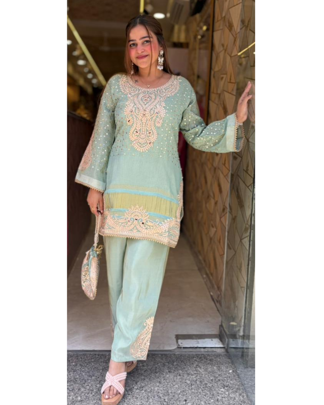 "RADHA"-Premium Embroidered Coord Set with Potli Bag