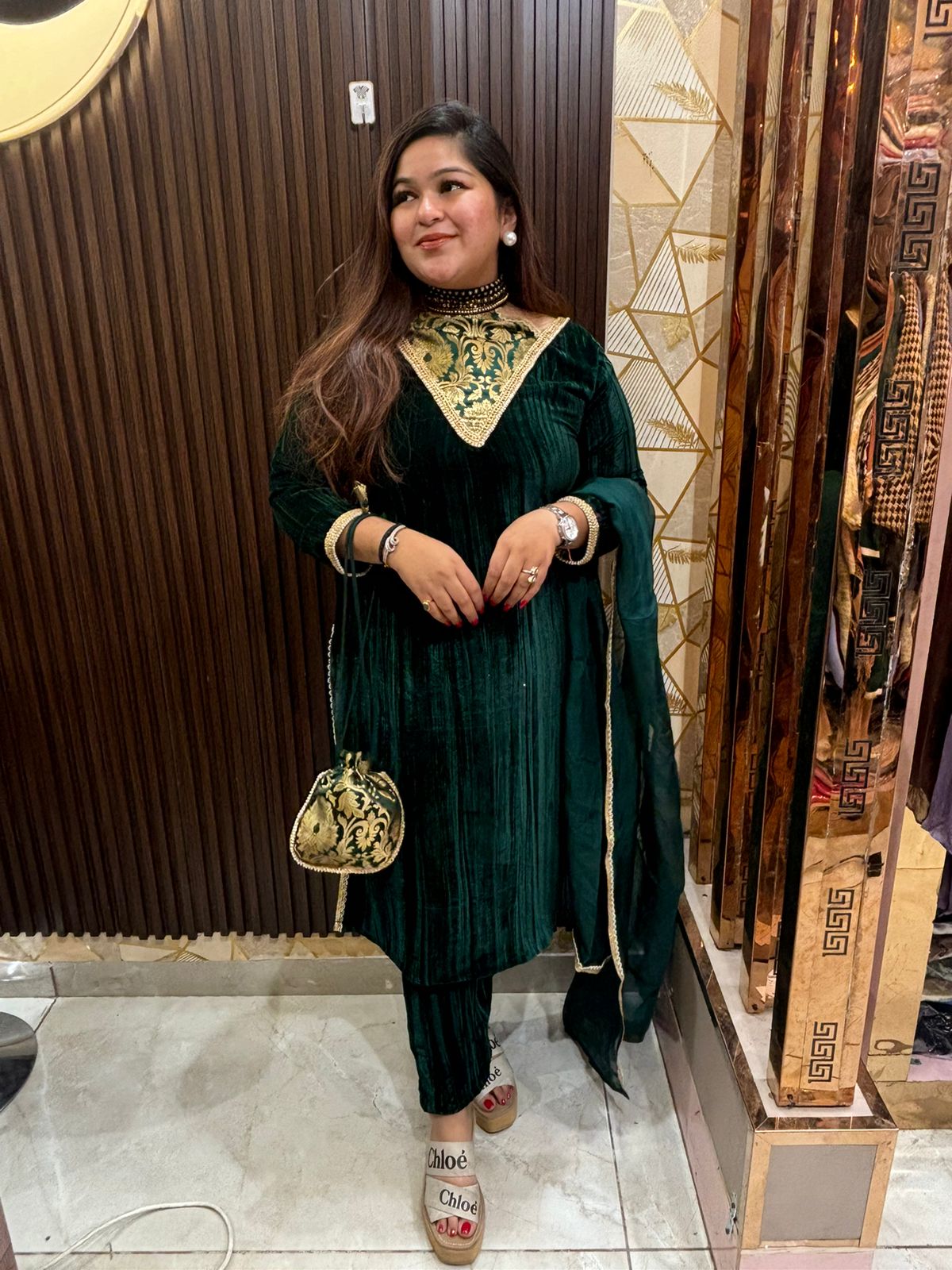 Samya Designer green  velvet suit with potli