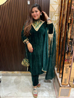 Samya Designer green  velvet suit with potli