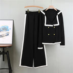 Double-Breasted Contrast Trim Knit Cord Set