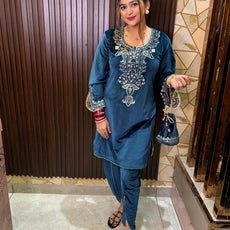 Blue Dhoti set with potli