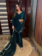 Begum Green 3 pc velvet suit with Potli