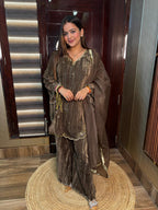 Begum Brown 3 pc velvet suit with Potli