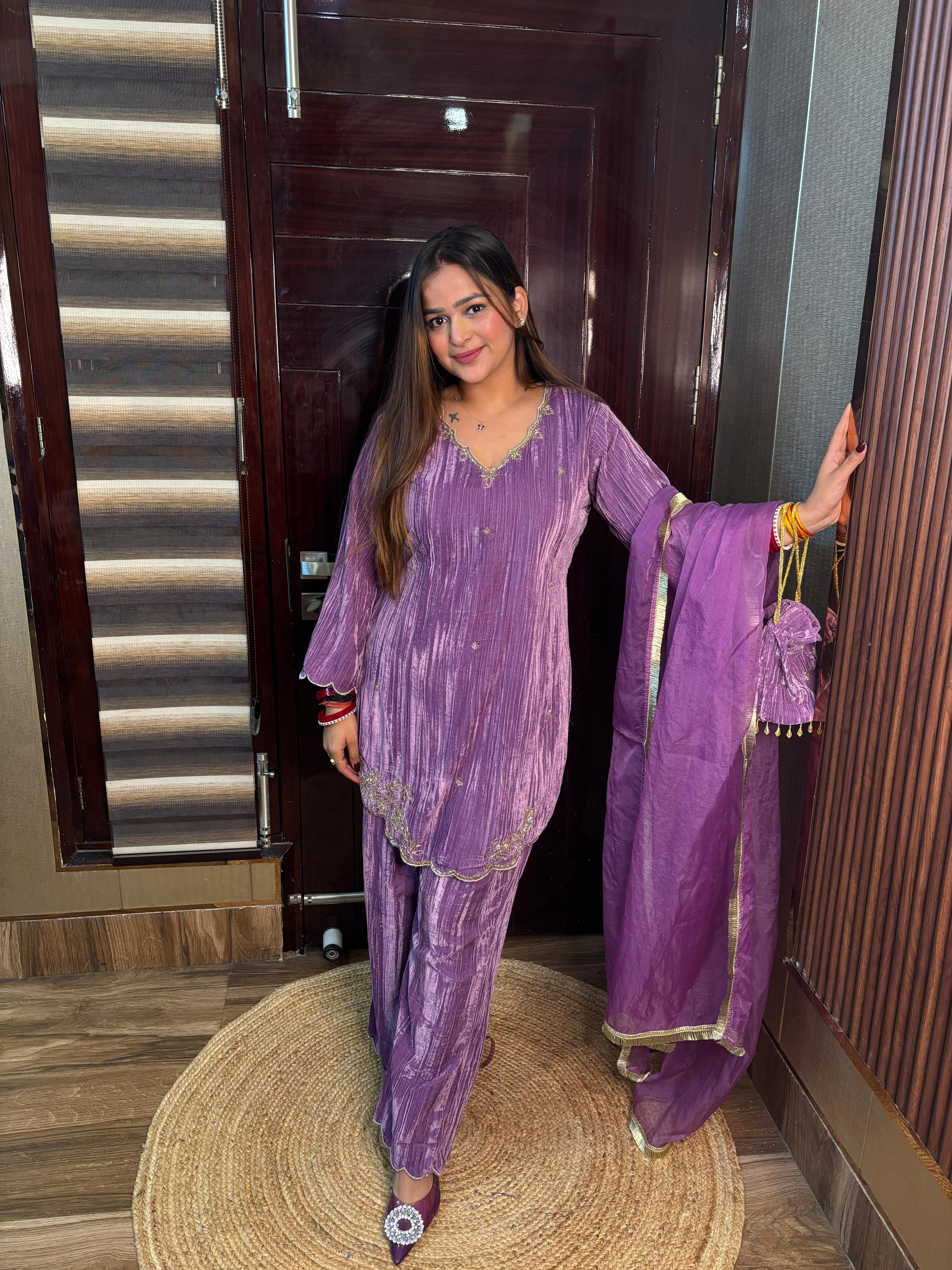 Begum Purple 3 pc velvet suit with Potli
