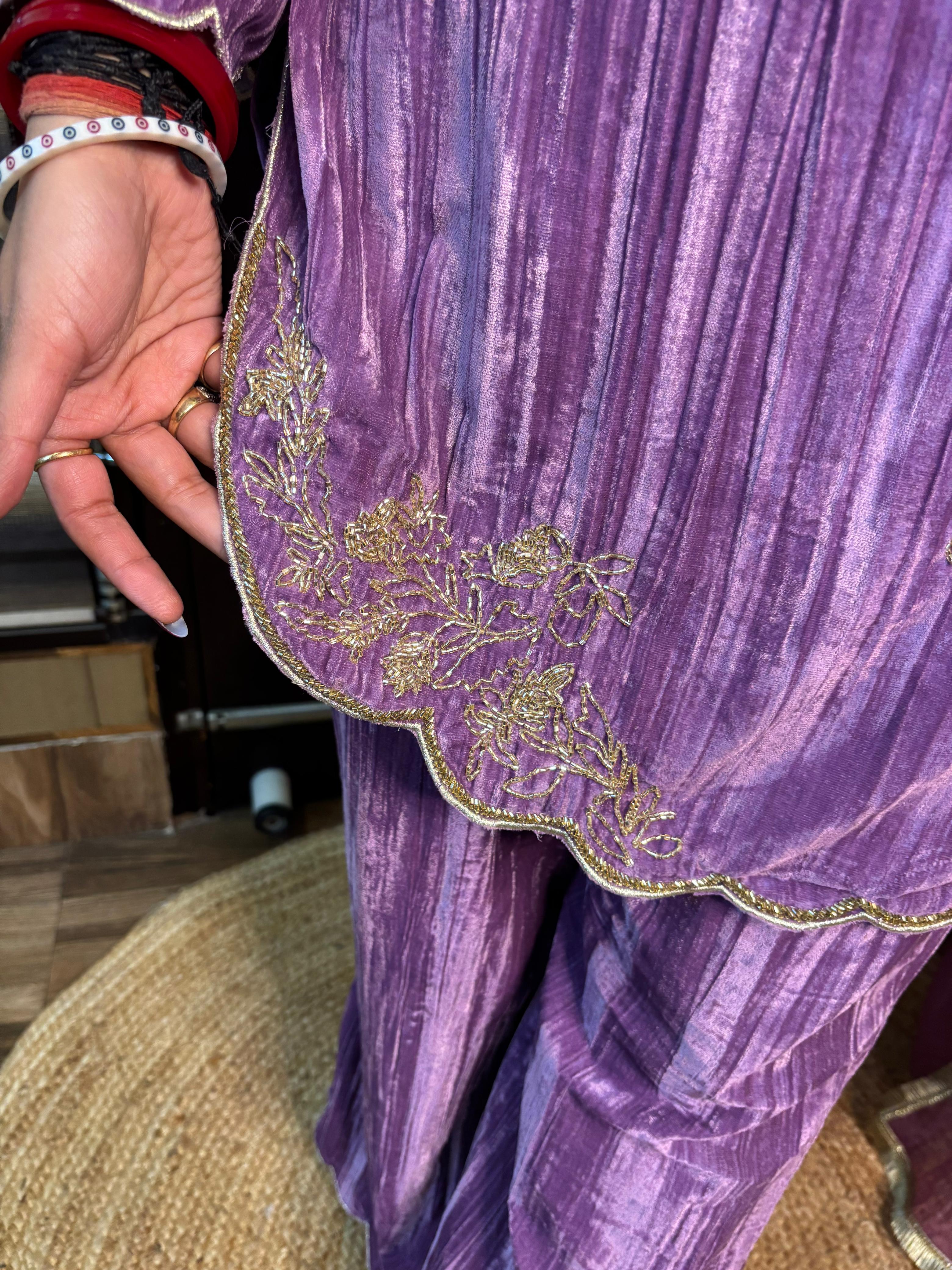 Begum Purple 3 pc velvet suit with Potli