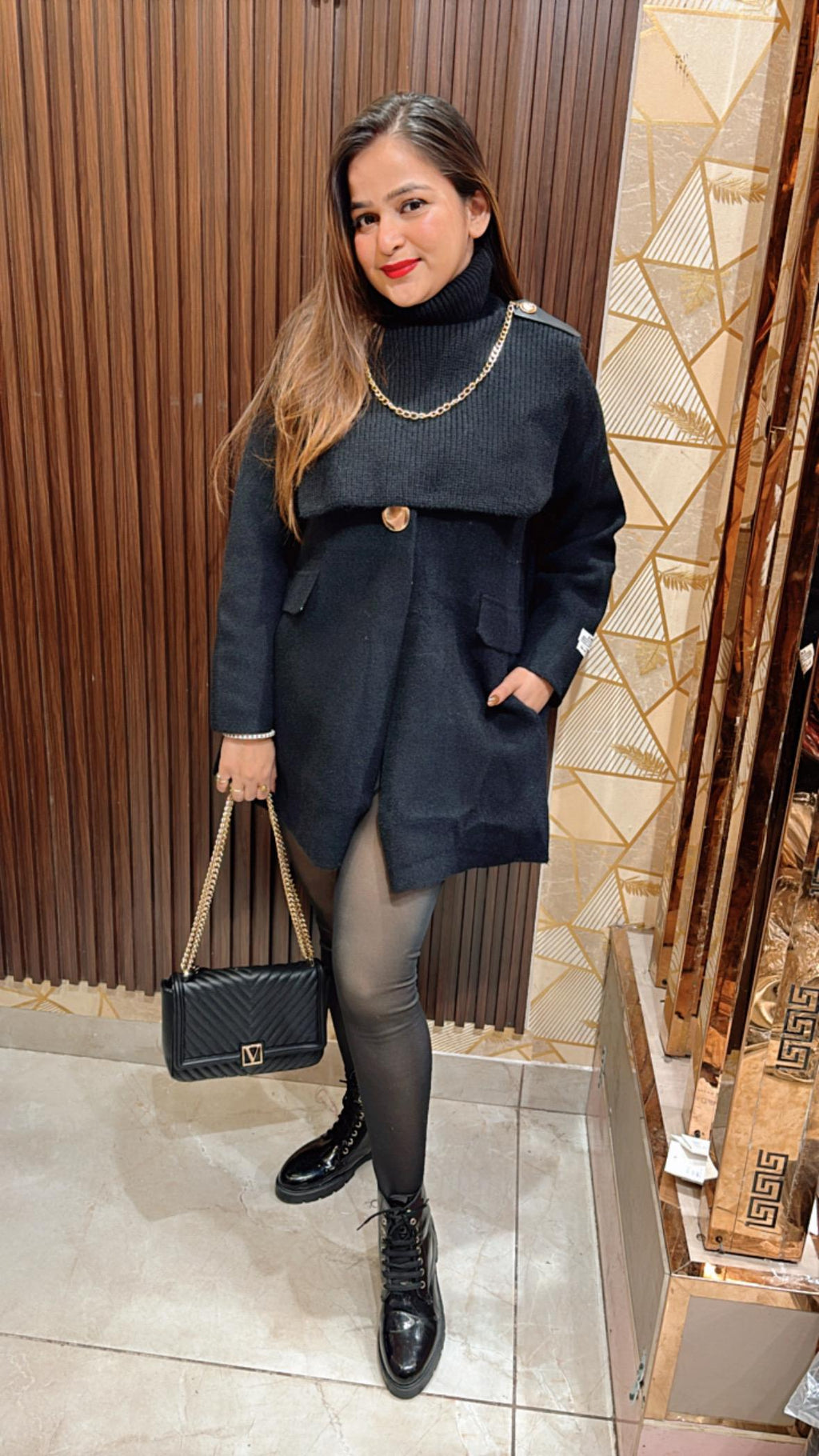 "AHANA" BLAZER DRESS WITH DETACHABLE HIGH NECK PONCHO + CHAIN