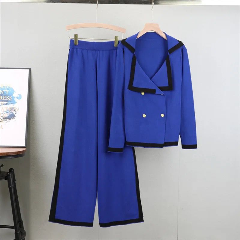 Double-Breasted Contrast Trim Knit Cord Set