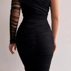 Ruched Mesh Black Bodycon Dress